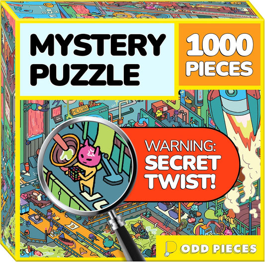 Odd Pieces Jigsaw Puzzles 1000 Pieces - Magic Mystery Story Secret Ending Puzzle - Perfect Game Night for Adults & Kids - Funny Space Cartoon Theme (AstroGastro)