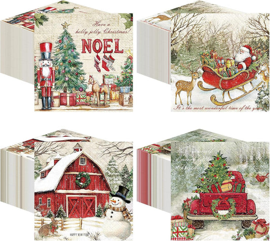 Janlaugh 200 Pcs Christmas Cocktail Napkins Disposable Nutcracker Paper Napkins Decoupage 2 Ply Vintage Santa Beverage Dinner Towels for Xmas Party Favor Supplies