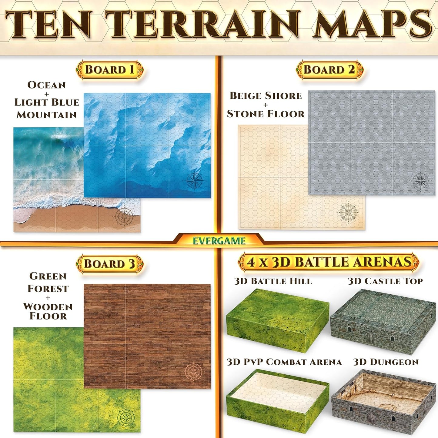 10 DND Game Mats and a lot More - Includes 6 Dungeons & Dragons Board Game Battle Maps (1" Hex Grid), Huge Size 22x26-4 3D Battle Arenas, 140+ Reusable Stickers, 4 Markers & Eraser, by EverGame