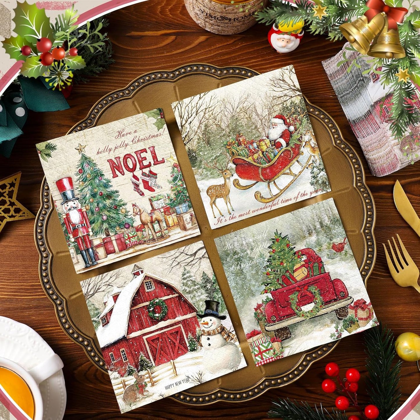 Janlaugh 200 Pcs Christmas Cocktail Napkins Disposable Nutcracker Paper Napkins Decoupage 2 Ply Vintage Santa Beverage Dinner Towels for Xmas Party Favor Supplies