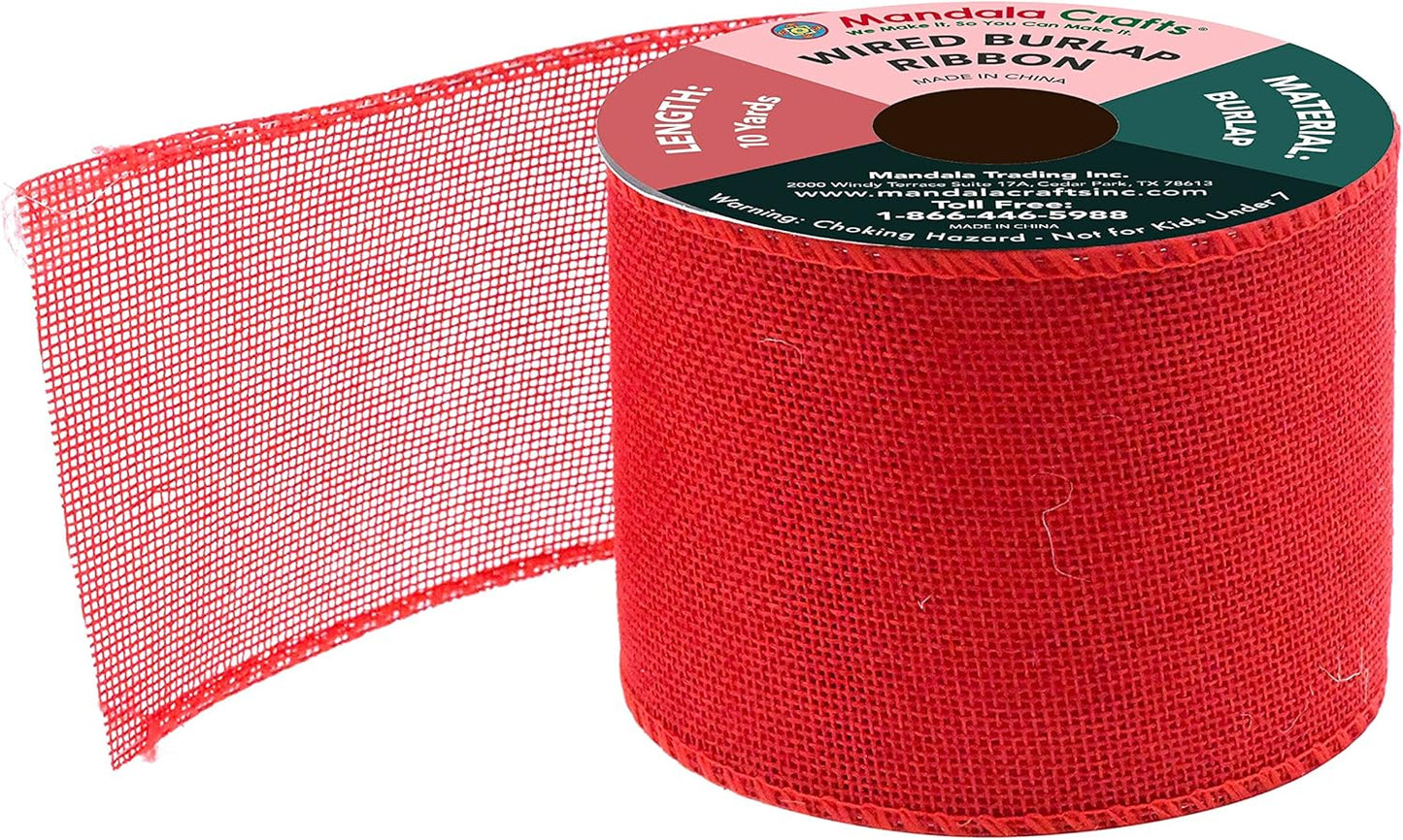 Mandala Crafts Red Burlap Wired Ribbon 3 Inches Wide Jute Ribbons for Crafts - 10 Yds Roll Rustic Burlap Wrap Trim Ribbons for Wreaths Bows Party Decoration