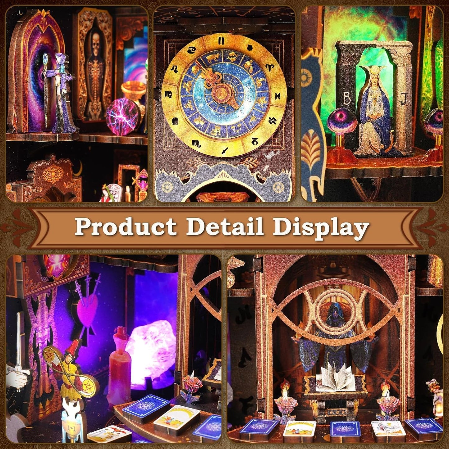 Tarot Book Nook Kit - 3D Wooden Puzzle for Adults, Teens & Beginners, DIY Miniature Bookshelf Insert with LED Light, Mysterious Craft Gift for Family, Friends