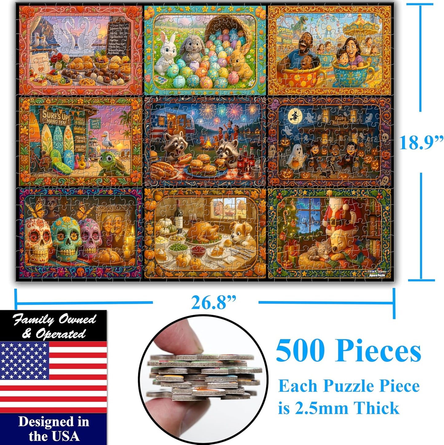 Think2Master Holiday Collage 500 Pieces Large Format Jigsaw Puzzle: Kids 12+, Teens, Adults & Families. A Year of Celebration an Excellent Present for Birthdays, Christmas. Size: 26.8” X 18.9”
