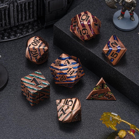 Metallic Glitter Stripes D&D,DND Metal Dice,7pcs Polyhedral Dice Set with Gift Case for D&D Tabletop Game (Antique Red Copper Seven Colors)