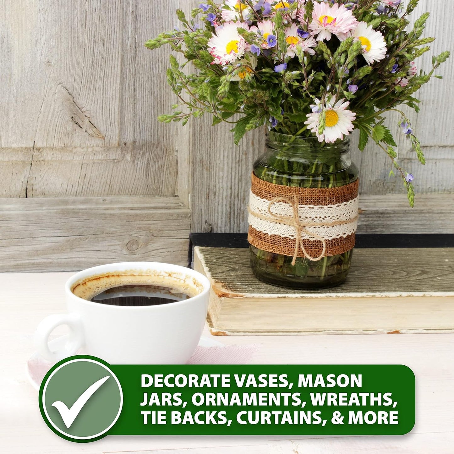 Mandala Crafts Burlap and Lace Ribbon 1.5 Inches Wide Jute Ribbons for Crafts - 20 Yds Roll Rustic Burlap Wrap Trim Ribbons for Wreaths Bows Wedding Party