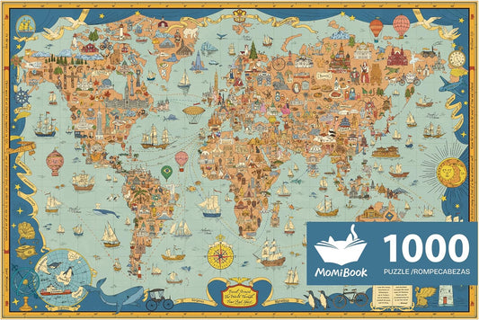 MOMIBOOK Puzzles for Adults 1000 Pieces Jigsaw Puzzles of Journey Through The World, Painting Image World Map Difficult Challenging Impossible Puzzle Unique Funny Party Christmas Birthday Gifts
