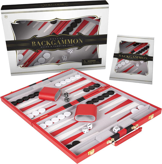 Backgammon Set 15 inch, Medium - Classic Board Game for Adults and Kids with Premium Leather Case - Includes Strategy & Tip Guide (Red)