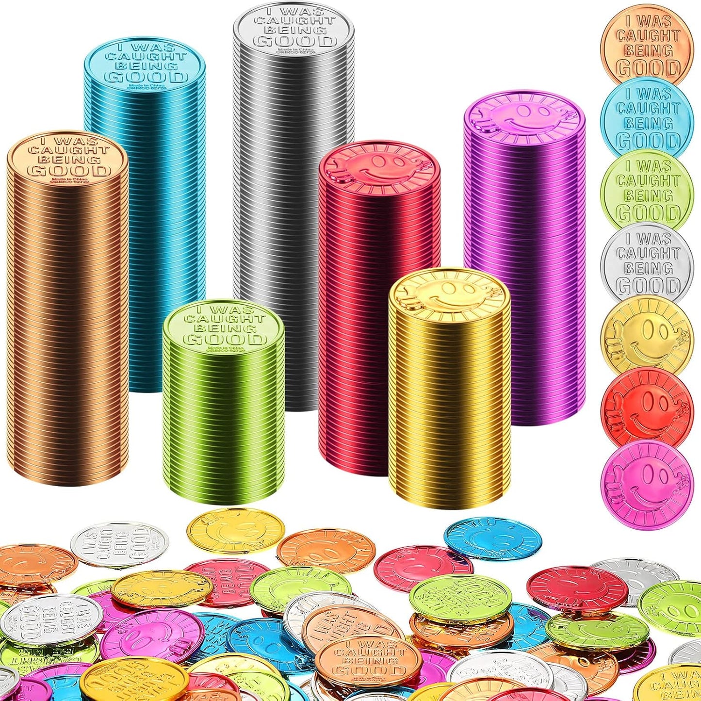 Jerify 1000 Pcs I was Caught Being Good Coins for Kids Behavior Tokens Laugh Face Plastic Reward Colored Pretend Coin Carnival Halloween Party Counting (Laugh Face)