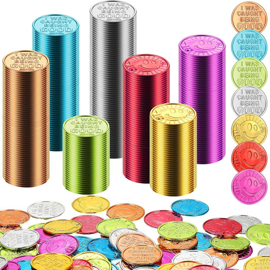 Jerify 500 Pcs I was Caught Being Good Coins for Kids Behavior Tokens Laugh Face Plastic Reward Colored Pretend Coin Carnival Halloween Party Counting (Crown)