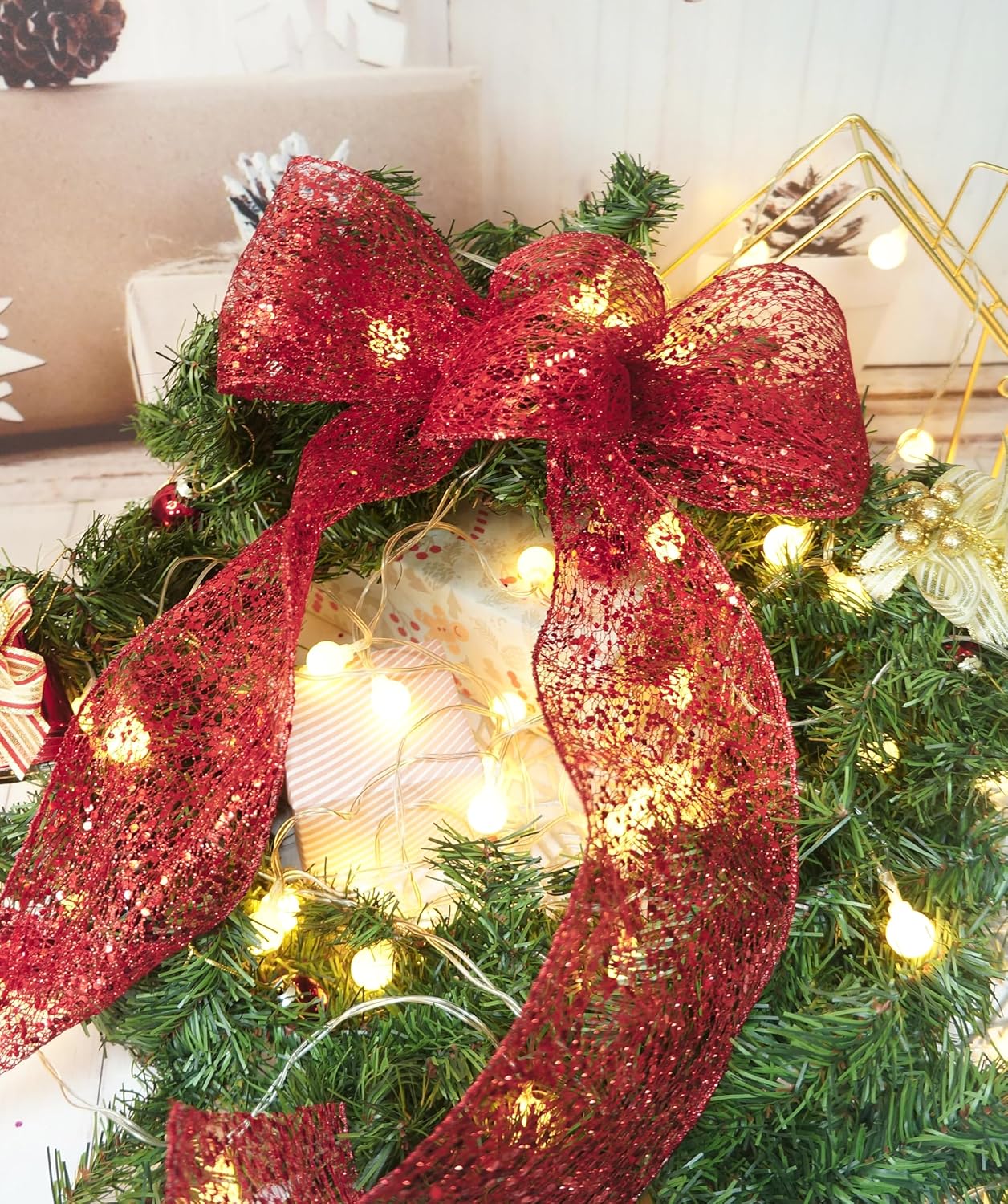 CT CRAFT LLC Sparkling Glitter Mesh Wired Ribbon 4" x 10 Yards Red for Christmas Home Decor Bow Gift Wrapping DIY Crafts Wreath