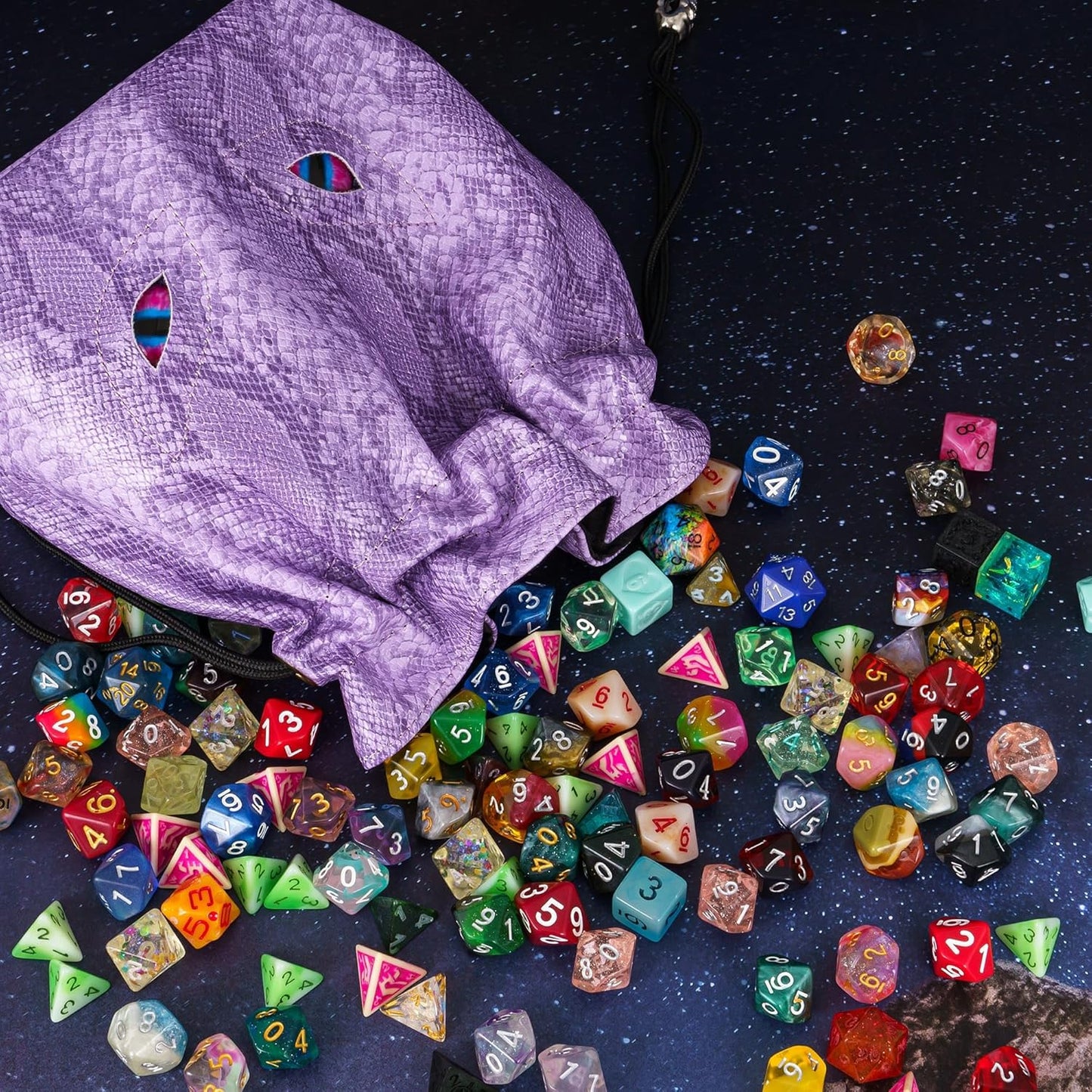 Large DND Dice Bag Leather Dice Storage Bag Purple D&D Drawstring Pouch with Pockets for RPG Table Games - Can Hold 200+ Polyhedral Dice