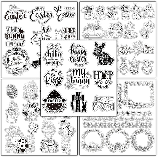 Whaline 5 Sheet Easter Clear Stamps Bunny Rabbit Egg Gnome Words Silicone Transparent Stamps Border Rubber Stamp Cards for DIY Crafts Card Making Scrapbooking Album Supplies