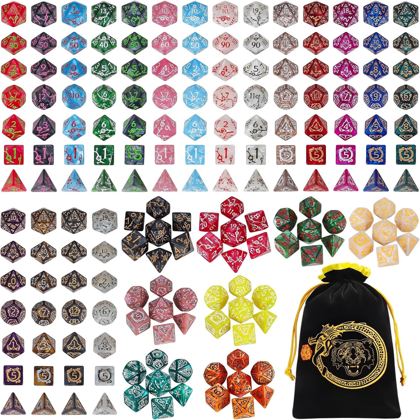 CiaraQ DND Dice Sets- 26 X 7 Polyhedral Dice (182pcs) with a Large Drawstring Bag, Multi-Color Engraved Gaming Dice for Dungeons and Dragons, Role Playing Table Game.