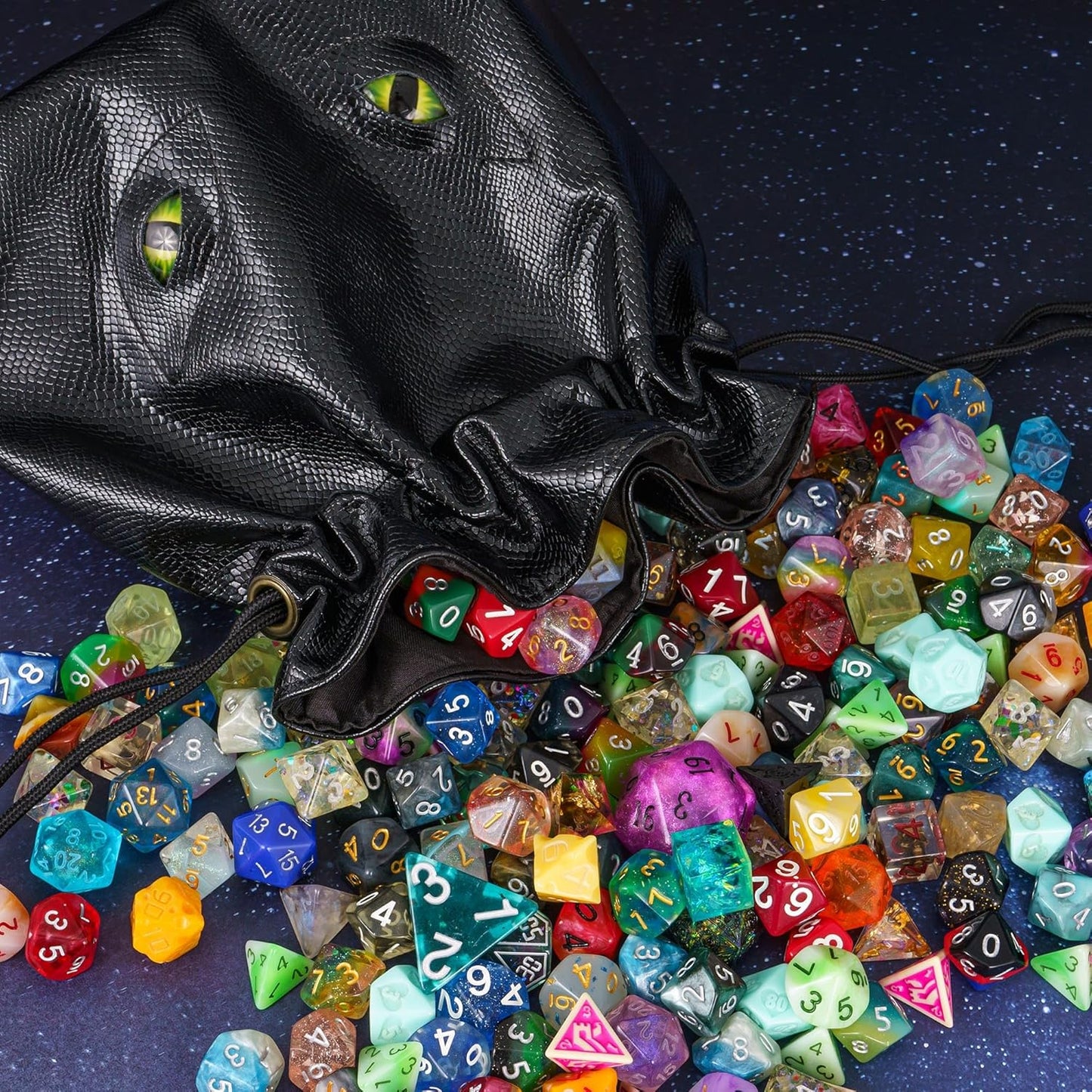 Large DND Dice Bag Leather Dice Storage Bag Black D&D Drawstring Pouch with Pockets for RPG Table Games - Can Hold 200+ Polyhedral Dice