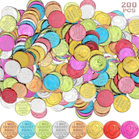 Jerify Caught Being Good Coins for Kids Behavior Tokens Plastic Reward Colored Pretend Coin Carnival Halloween Party Counting(200 Pcs,Smile Face)
