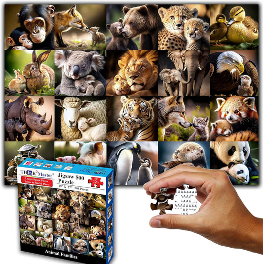 Think2Master Animal Families 500 Pieces Jigsaw Puzzle Featuring heartwarming Parent and Child Pairs. Fun Toy for Kids, School & Families. Great Gift for Kids Ages 13+ Size: 26.8” x 18.9”