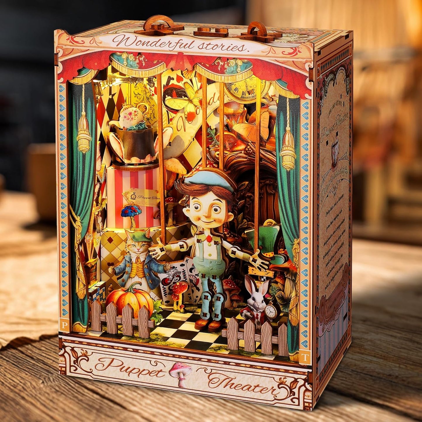 LED 3D Wood Puzzle Puppet Theater Book Nook Kit - Interactive Miniature DIY Bookshelf Insert with Movable Puppets - Creative Fantasy Scene Home Decor Gift(Puppet Theater)