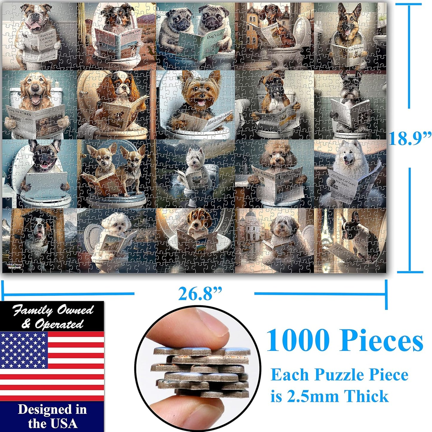 Think2Master Pooping Dogs & Puppies 1000 Pieces Jigsaw Puzzle. Pooping Puppies, Funny Bathroom Decoration, Gag Gift. Fun Toy Teens, Adults, Seniors & Families. Great for Kids 13+ Size: 26.8” x 18.9”