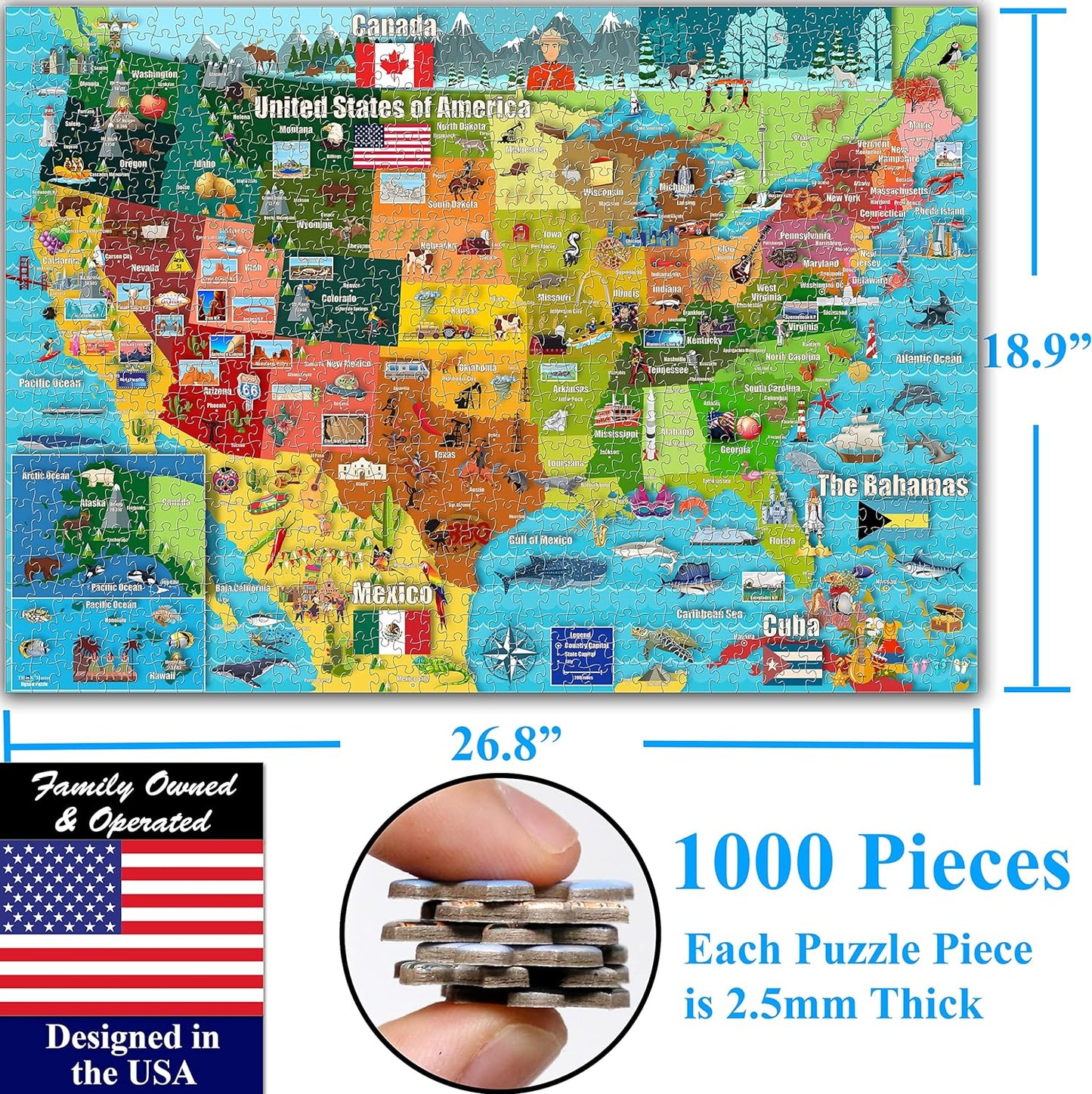 Think2Master Colorful United States Map 1000 Pieces Jigsaw Puzzle for Kids 12+, Teens, Adults & Families. Great Educational Gift for Interest in The USA Map. Size: 26.8” X 18.9”