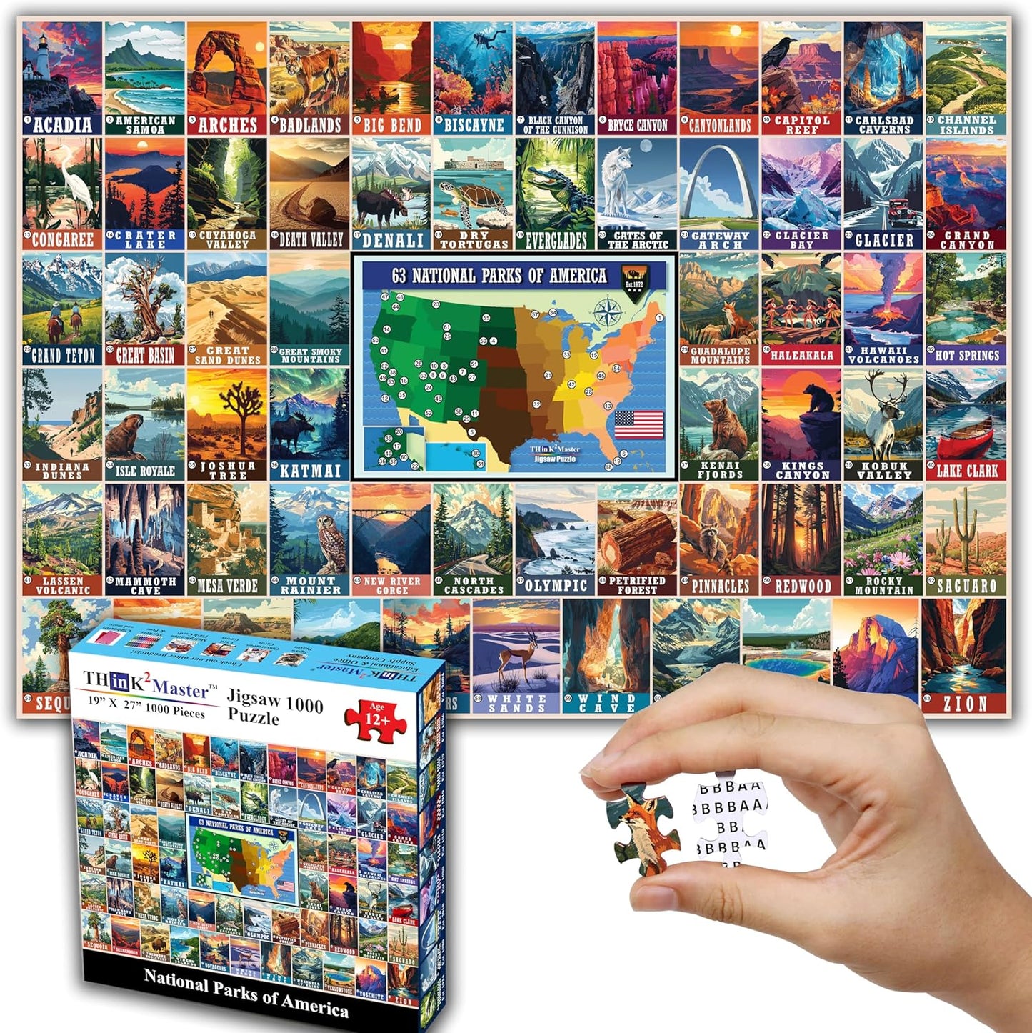 Think2Master Colorful Vintage USA National Parks 1000 Pieces Large Format Jigsaw Puzzle for Kids 12+, Teens, Adults & Families. Great Gift for People Interested in Traveling. Size: 26.8” X 18.9”