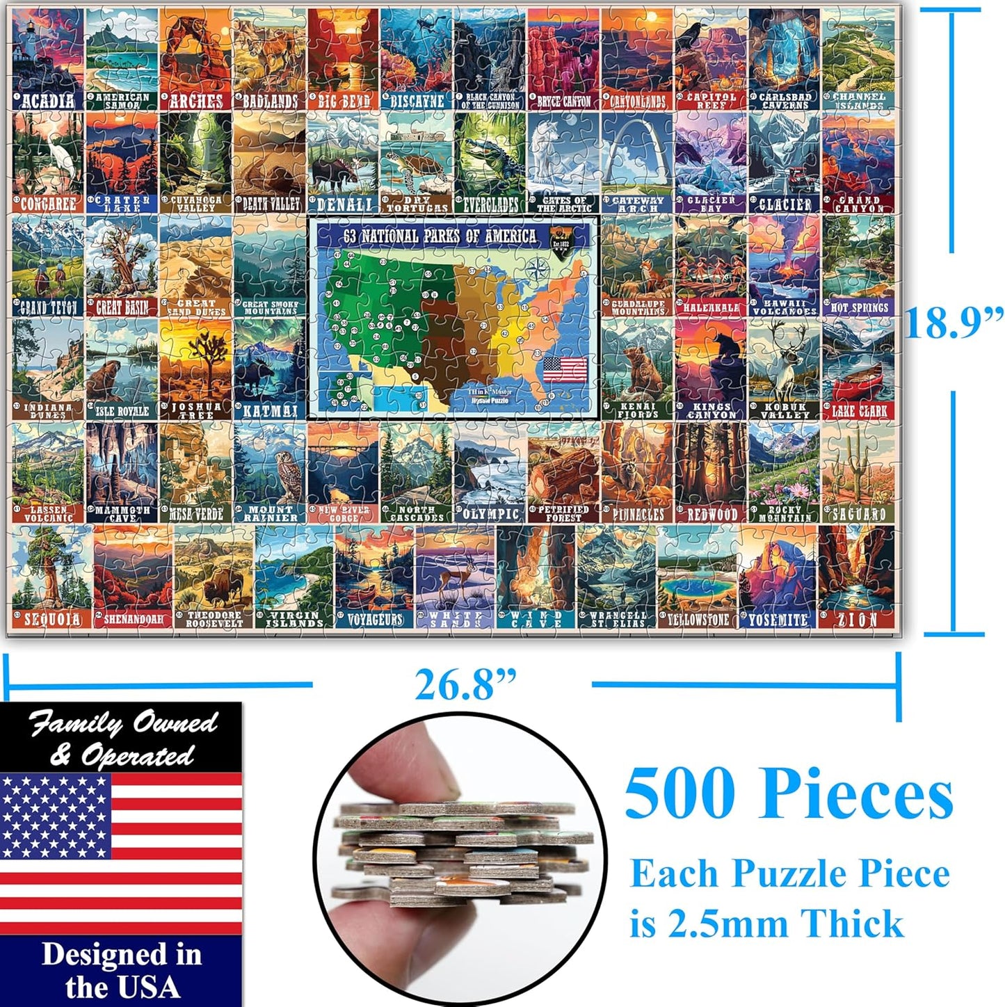 Think2Master Colorful Vintage USA National Parks 500 Pieces Large Format Jigsaw Puzzle for Kids 12+, Teens, Adults & Families. Great Gift for People Interested in Traveling. Size: 26.8” X 18.9”