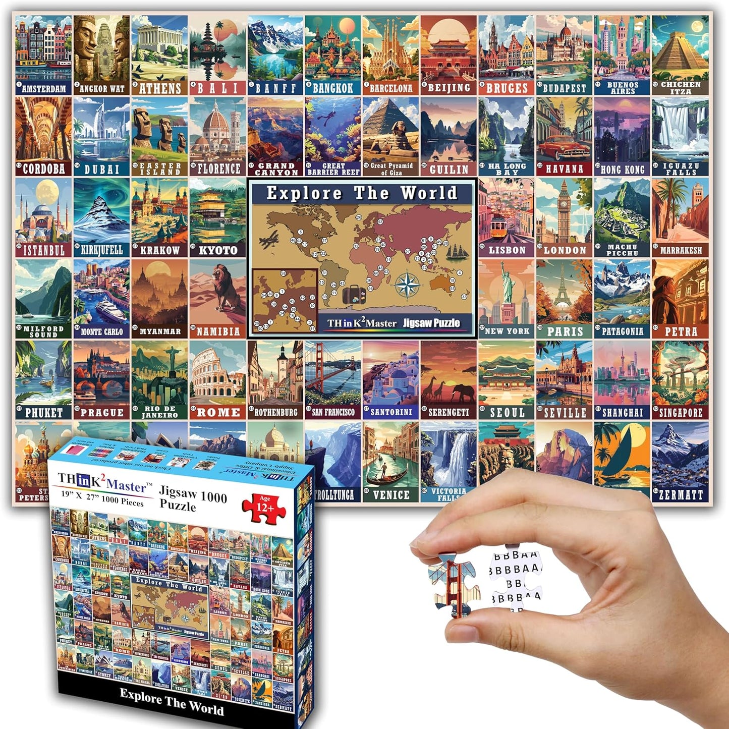 Think2Master Colorful Vintage World Travel Poster 1000 pieces Large Format Jigsaw Puzzle for kids 12+, teens, adults & families. Great gift for people wanting to explore the World. Size: 26.8” X 18.9”